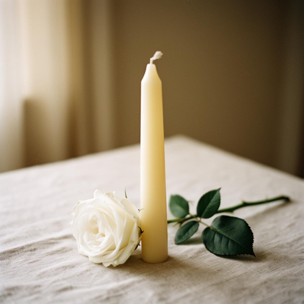 A single ivory taper and white garden rose on linen